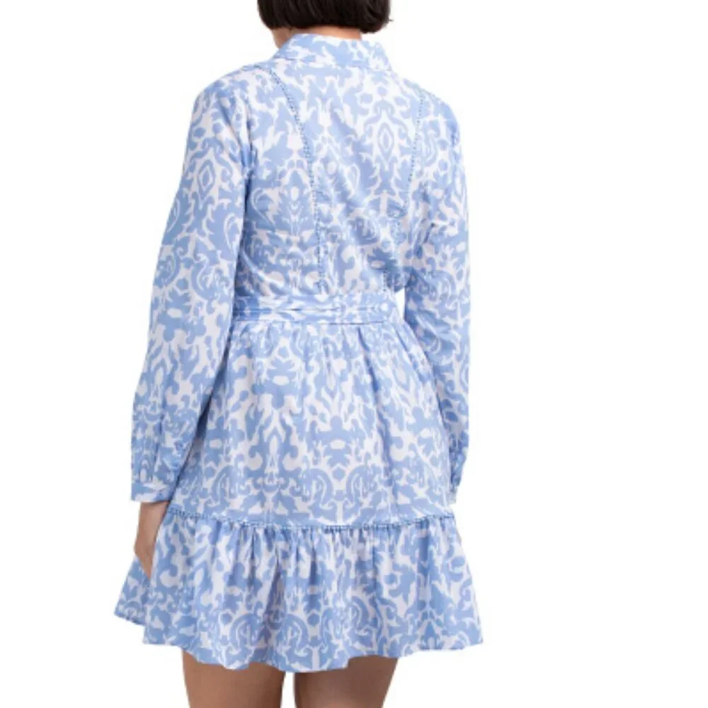 🔥 Closet Sale! Printed Button Front Ruffle Hem Mini Dress With Waist Tie - Picture 2 of 3